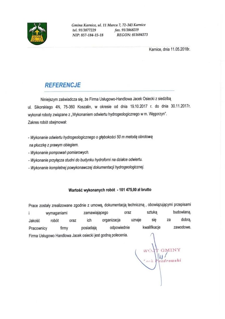 Referencja Gmina Karnice – odwiert hydrogeologiczny i dokumentacja, 2017