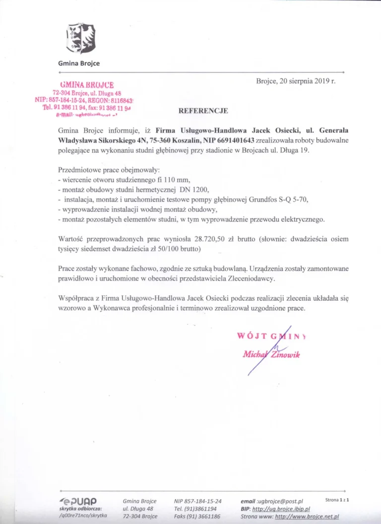 Referencja Gmina Brojce – studnia głębinowa i montaż pompy, 2019