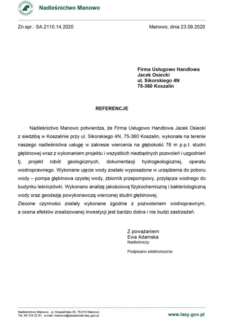 Referencja Nadleśnictwo Manowo – wiercenie studni głębinowej 76 m i analiza wody, 2020